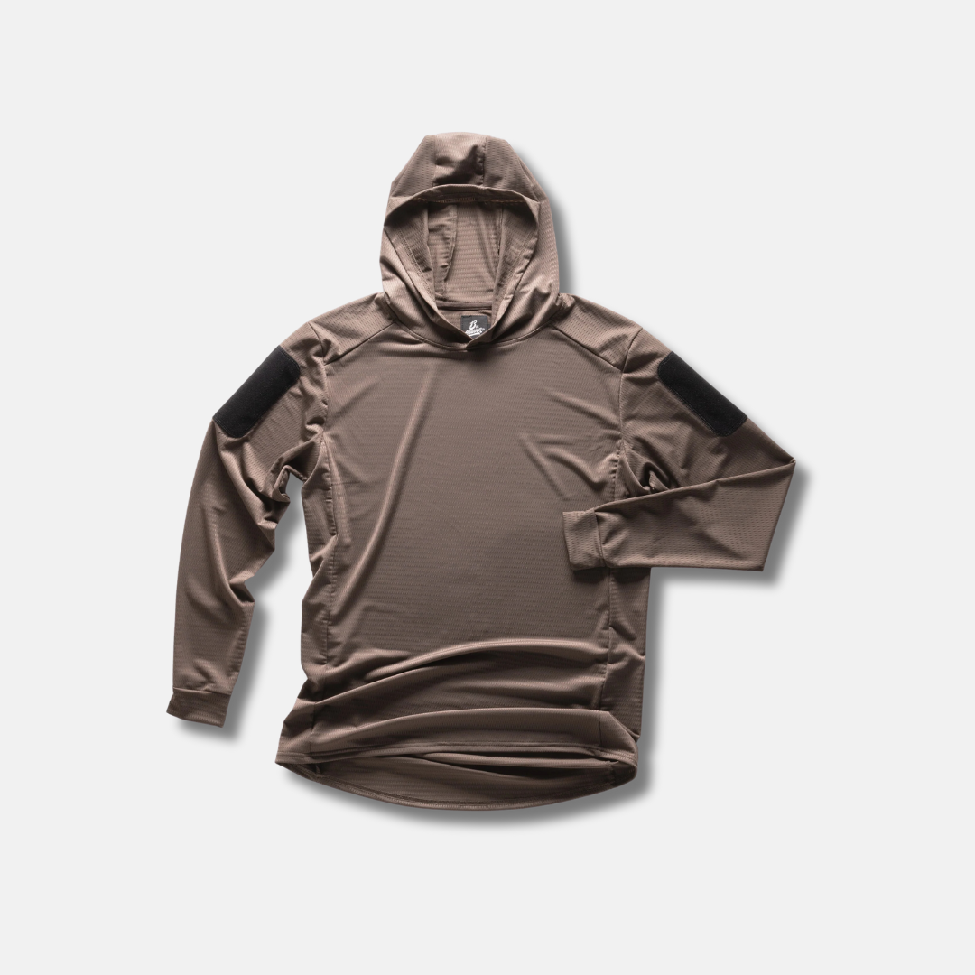 Tactical Mas Grey, Hooded, long-sleeve 13th Heaven Rugby Jersey with Velcro arm patches on a white background