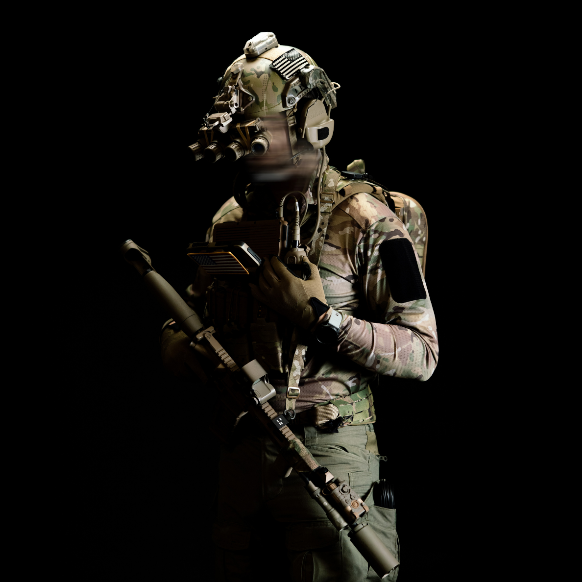 Person in tactical gear with night vision goggles on a black background