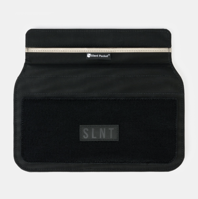 Black pouch with 'SLNT' branding on a white background