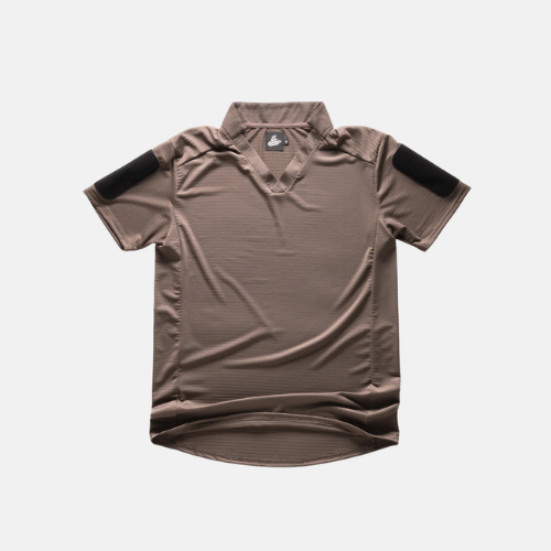 Mas Grey, short-sleeve, 13th Heaven military synthetic T-shirt with Velcro patches, on a white background