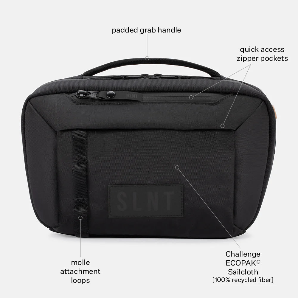 SLNT E3 Faraday Crossbody Organizer Bag from the front with descriptions of each part of the bag