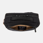 Arial view of SLNT E3 Faraday Crossbody Organizer Bag with back pocket opened and logo stitched inside 