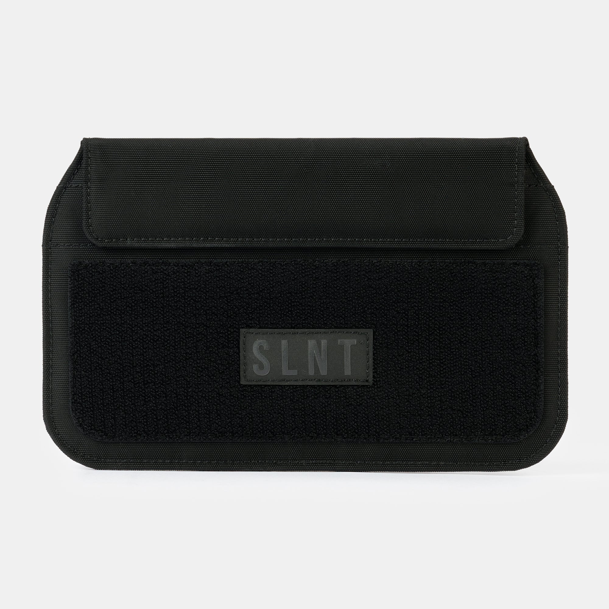 Black pouch with 'SLNT' branding on a white background