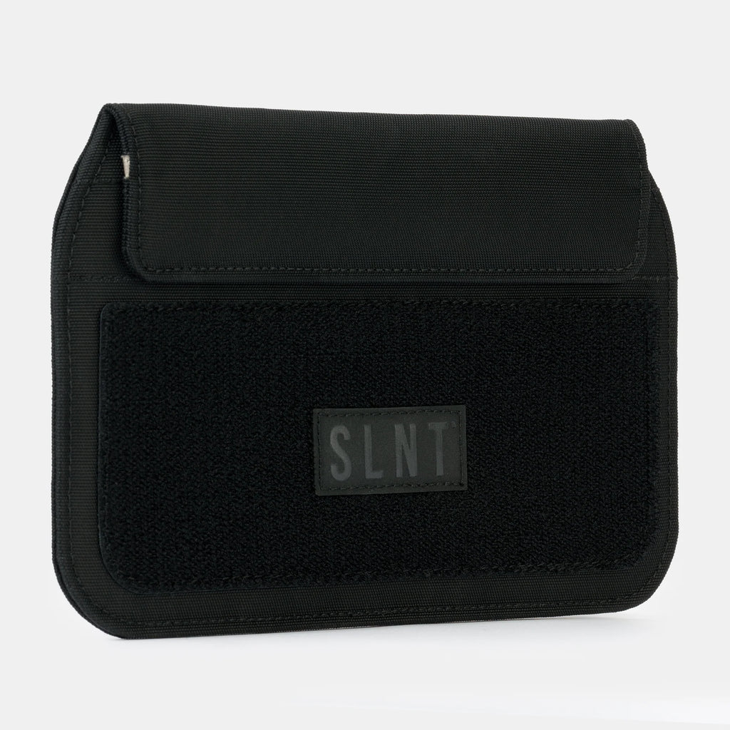 Black Faraday pouch with 'SLNT' logo on a white background