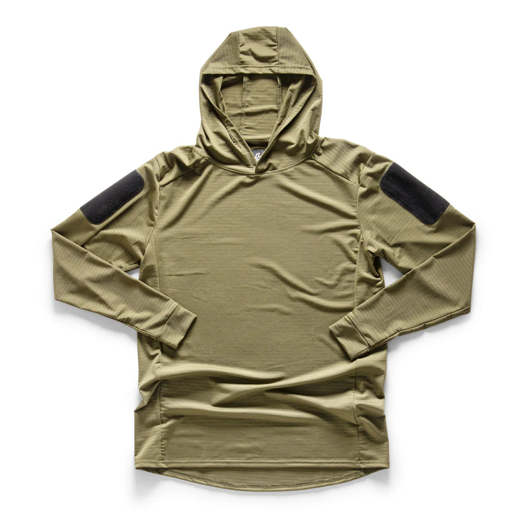 Khaki Green, Hooded, long-sleeve 13th Heaven Rugby Jersey with Velcro arm patches on a white background