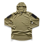 Khaki Green, Hooded, long-sleeve 13th Heaven Rugby Jersey with Velcro arm patches on a white background