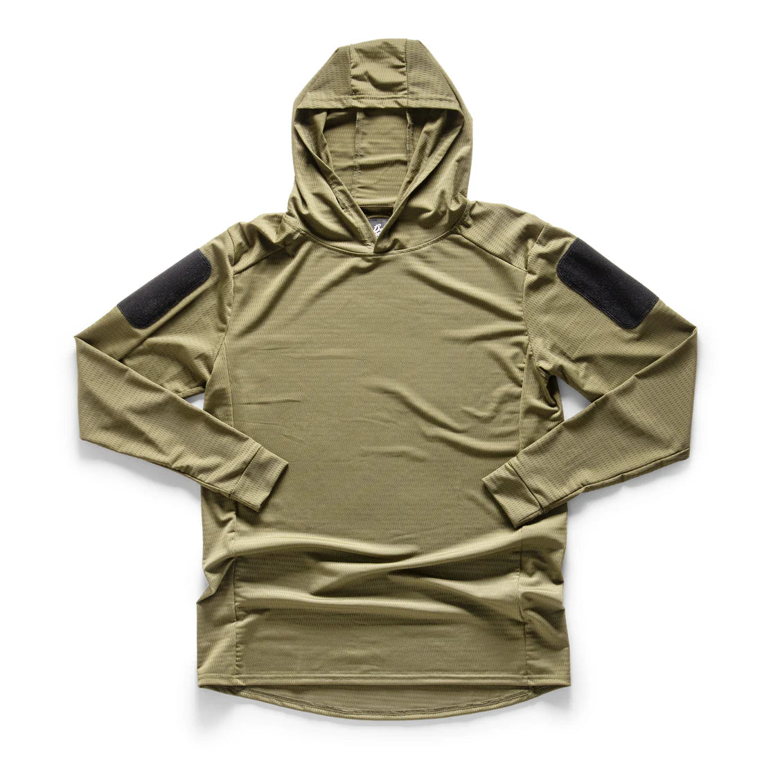 Khaki Green, Hooded, long-sleeve 13th Heaven Rugby Jersey with Velcro arm patches on a white background