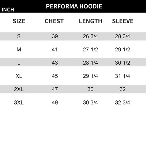 Size chart for Performa Hoodie showing chest, length, and sleeve measurements.
