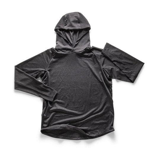 Dark Charcoal, Hooded, long-sleeve 13th Heaven Rugby Jersey on a white background