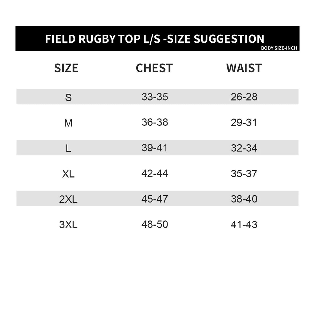 Size chart for Field Rugby Top L/S with chest and waist measurements.