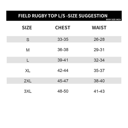 Size chart for Field Rugby Top L/S with chest and waist measurements.