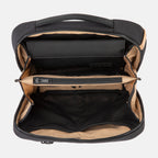 Opened SLNT E3 Faraday Crossbody Organizer Bag from above, showing faraday insert at the top, a zip pocket in the middle and mesh pockets in the bottom section