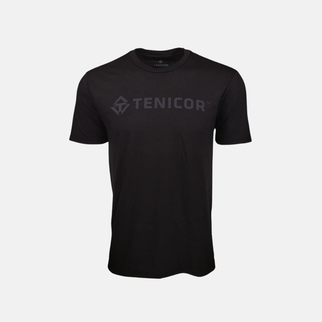 Front of Tenicor T-Shirt with grey logo printed across the chest. T-shirt sits against a white background 