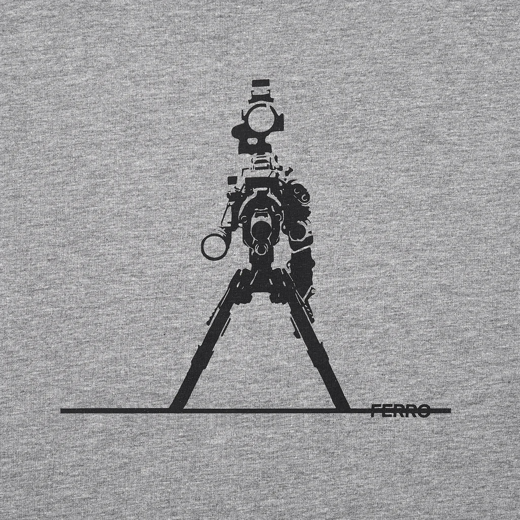 Close up of Grey T-shirt with a Robotic looking M14 weapon print