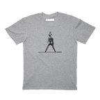 Grey T-shirt with a Robotic looking M14 weapon print on a white background
