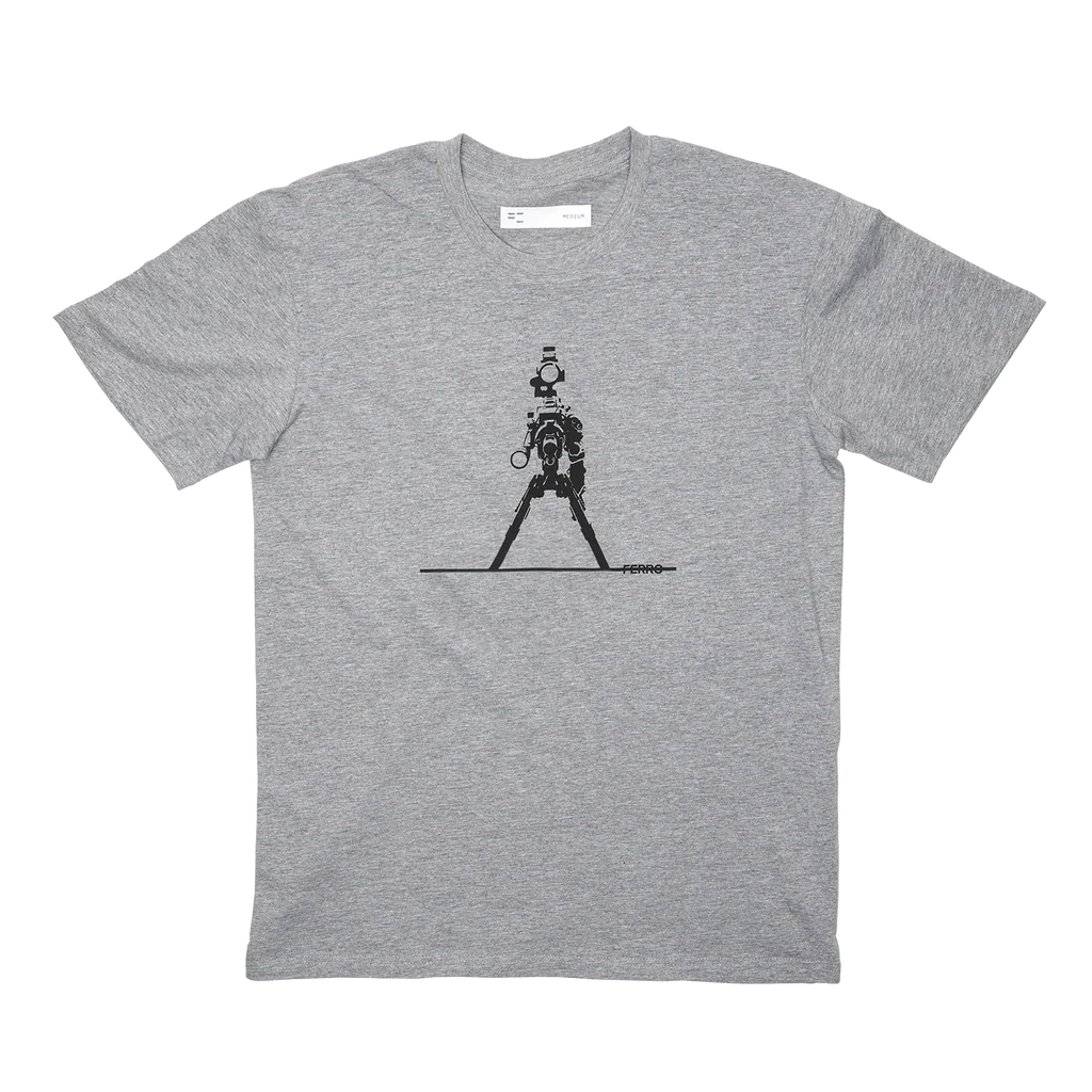 Grey T-shirt with a Robotic looking M14 weapon print on a white background