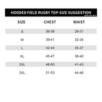 Size chart for hooded field rugby top with chest and waist measurements.